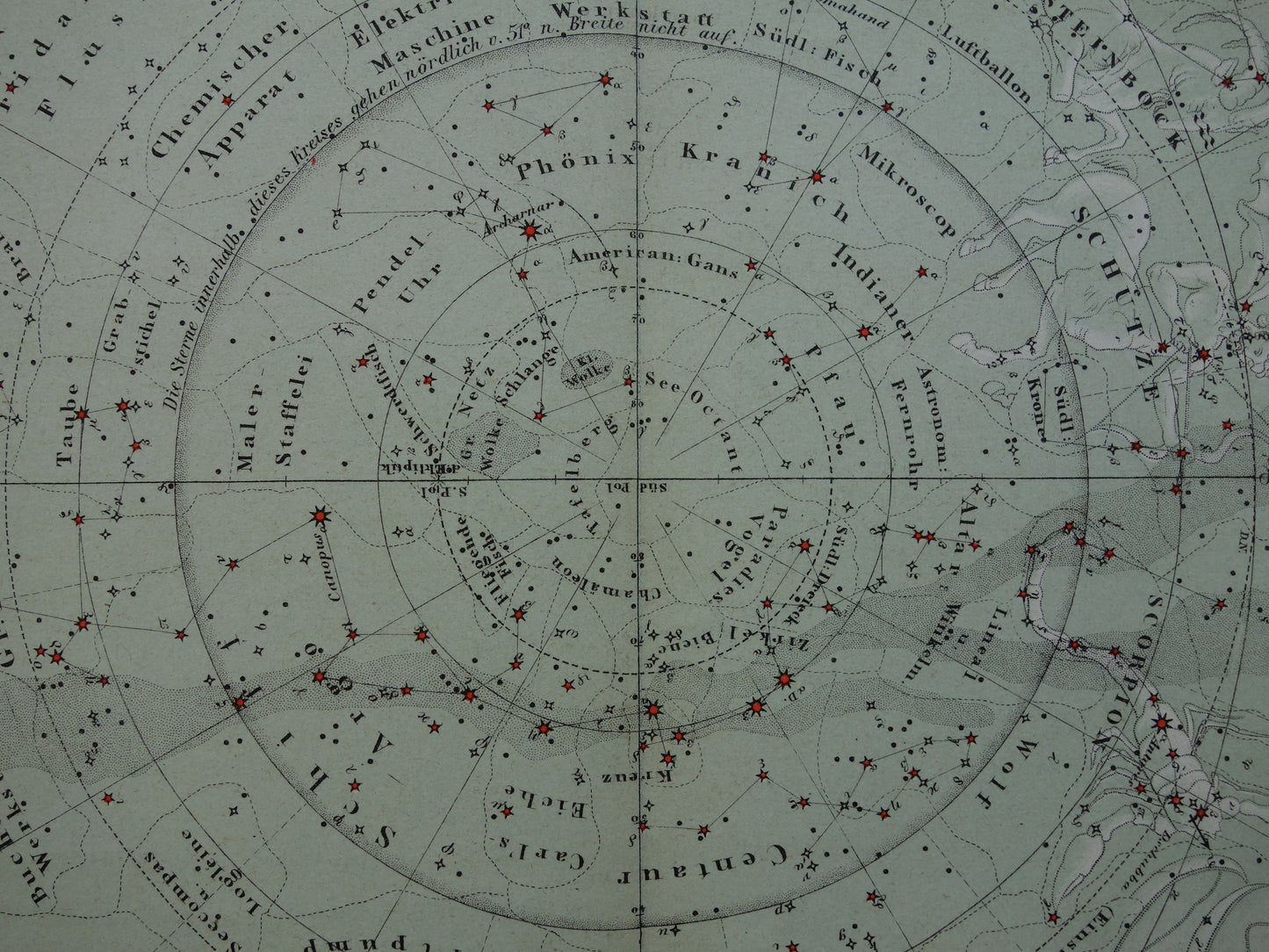 Oude astronomie prent van de zuidelijke sterrenhemel 1878 originele oude print sterren en sterrenbeelden - sterrenkaart zuidelijk halfrond
