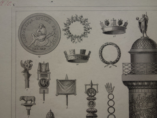 Roman army old print with banners flags eagles crowns - original antique illustration column of Trajan - vintage militaria prints