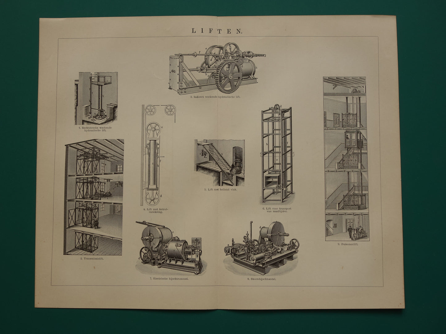 LIFTEN oude technologie prent uit het jaar 1909 over de Lift originele antieke techniek illustratie - vintage prints