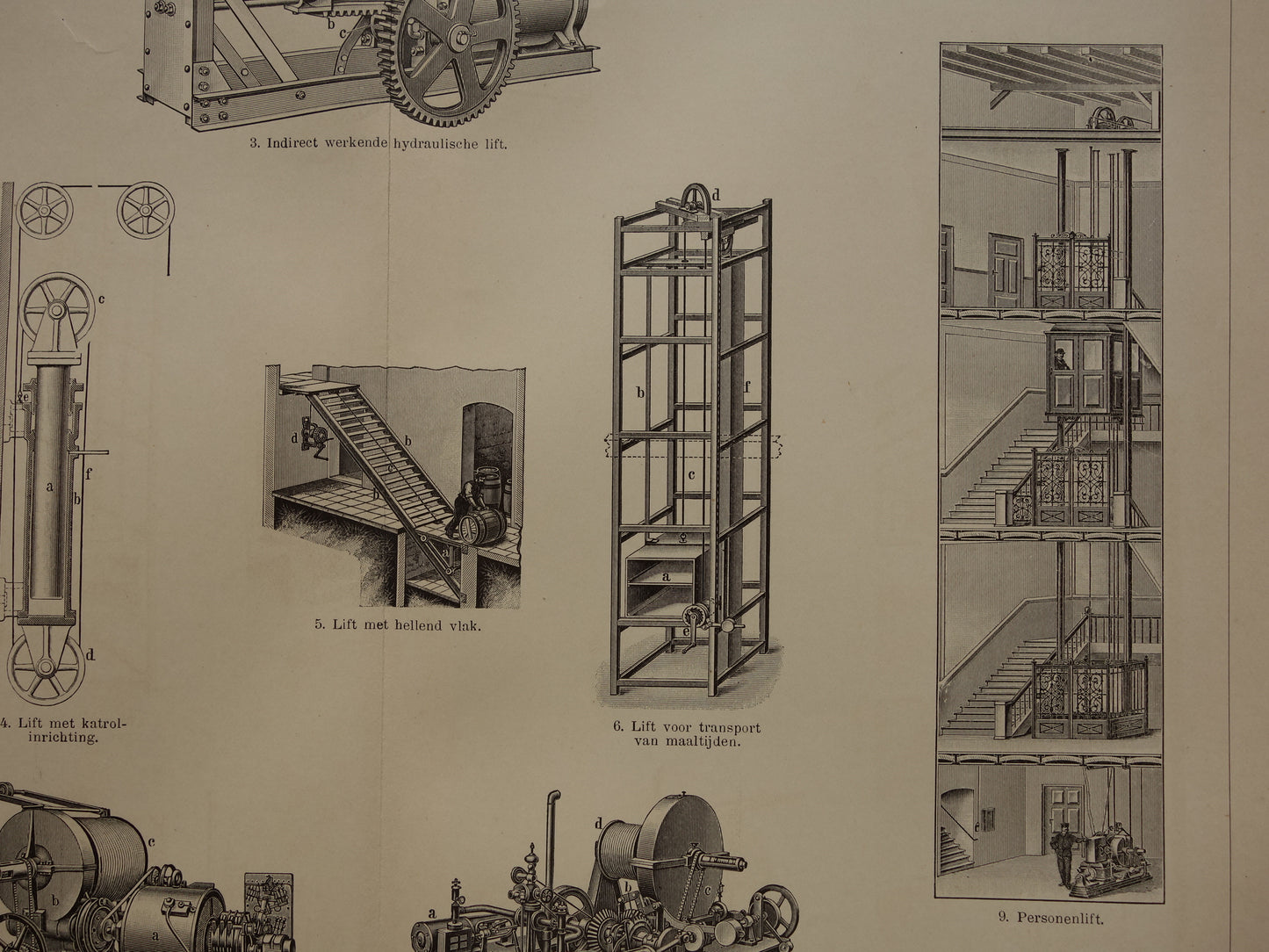 LIFTEN oude technologie prent uit het jaar 1909 over de Lift originele antieke techniek illustratie - vintage prints
