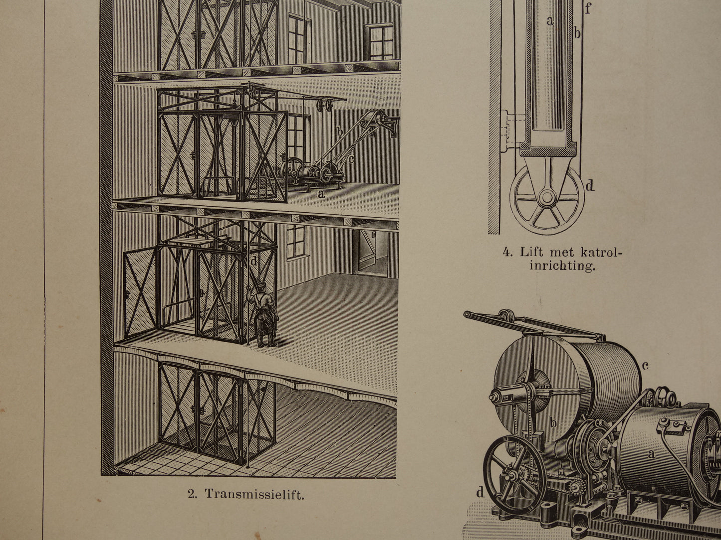 LIFTEN oude technologie prent uit het jaar 1909 over de Lift originele antieke techniek illustratie - vintage prints