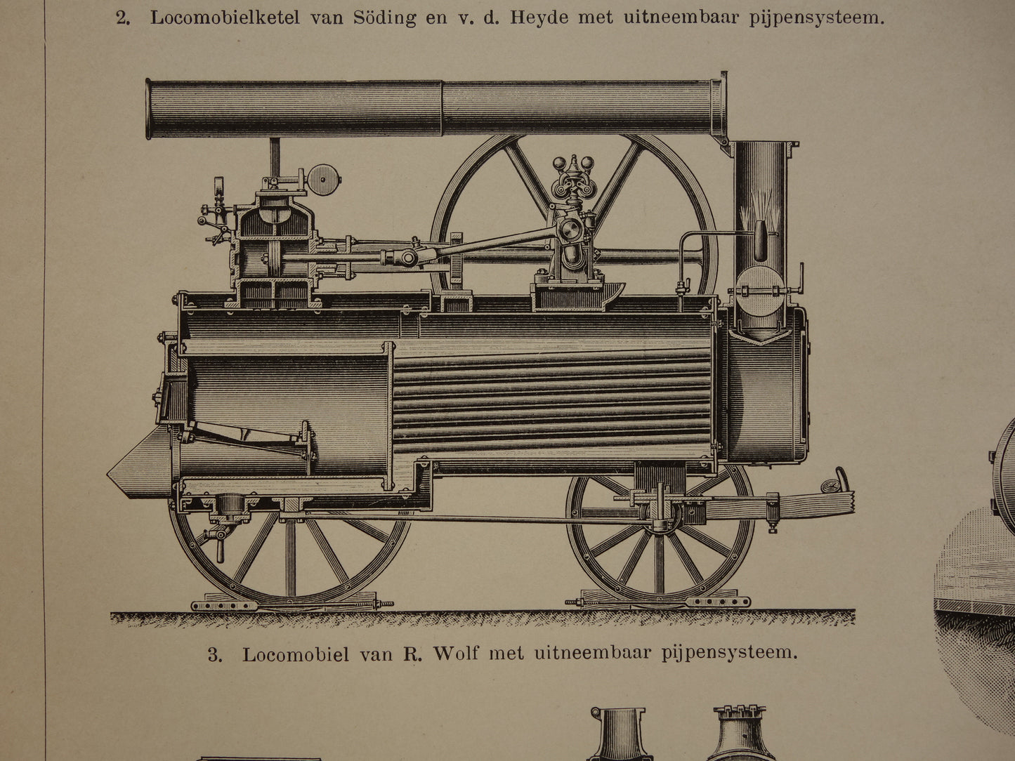 TRACTIEMACHINE oude technologie prent uit het jaar 1909 over de mobiele stoommachine originele antieke techniek illustratie - vintage prints locomobiel
