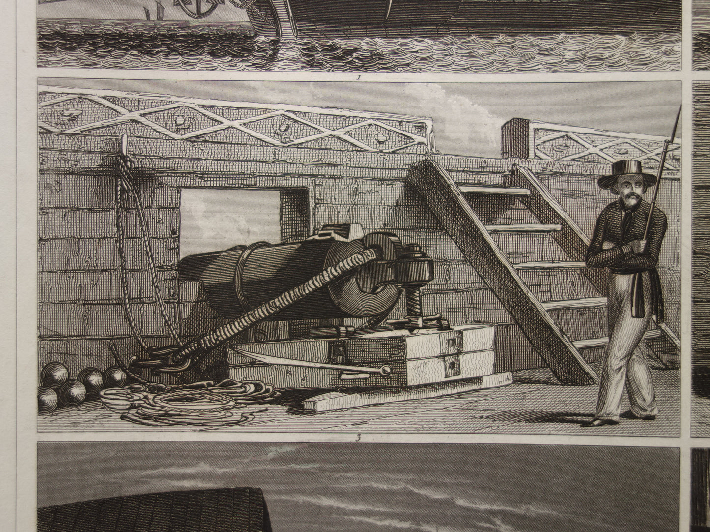 SCHEPEN oude prent van fregat Antieke maritieme illustratie over boeg scheepskanon kanon haven marine vintage scheepvaart prints