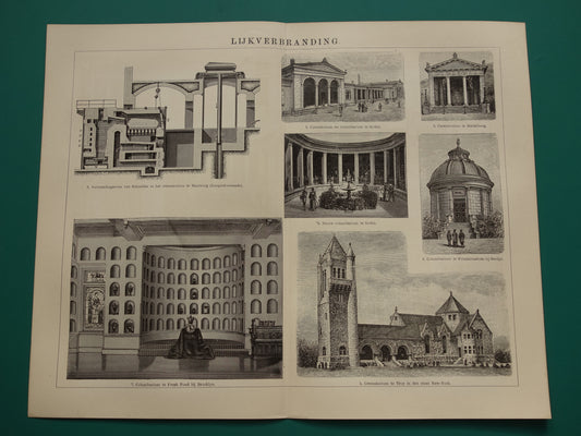 Oude illustratie Crematorium Columbarium - Originele 115+ jaar oude Nederlandse print Lijkverbranding Urnenmuur - vintage zwart-wit prent