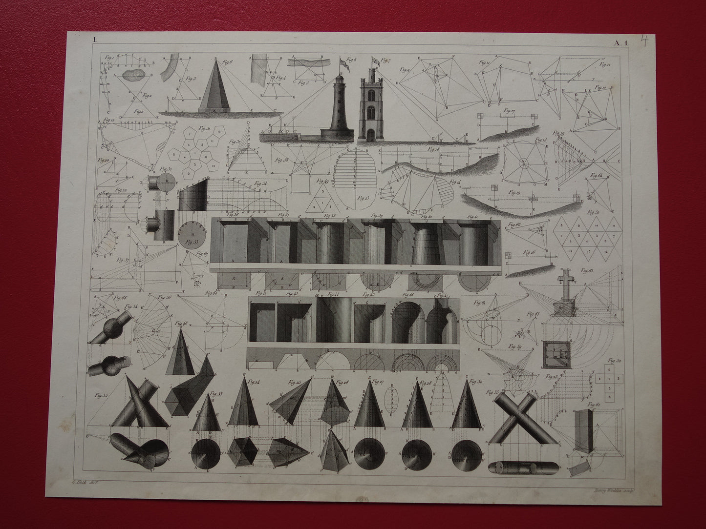 175+ jaar oude prent over driehoeksmeetkunde projectie en perspectief Originele wetenschap illustratie meetkunde vintage trigonometrie prints