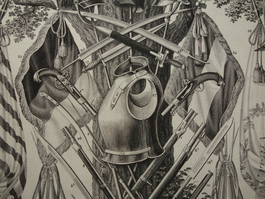 Antique military print of weapons helmets flags of the German and French army from 1849 old illustration weapon armor vintage prints mid 19th century