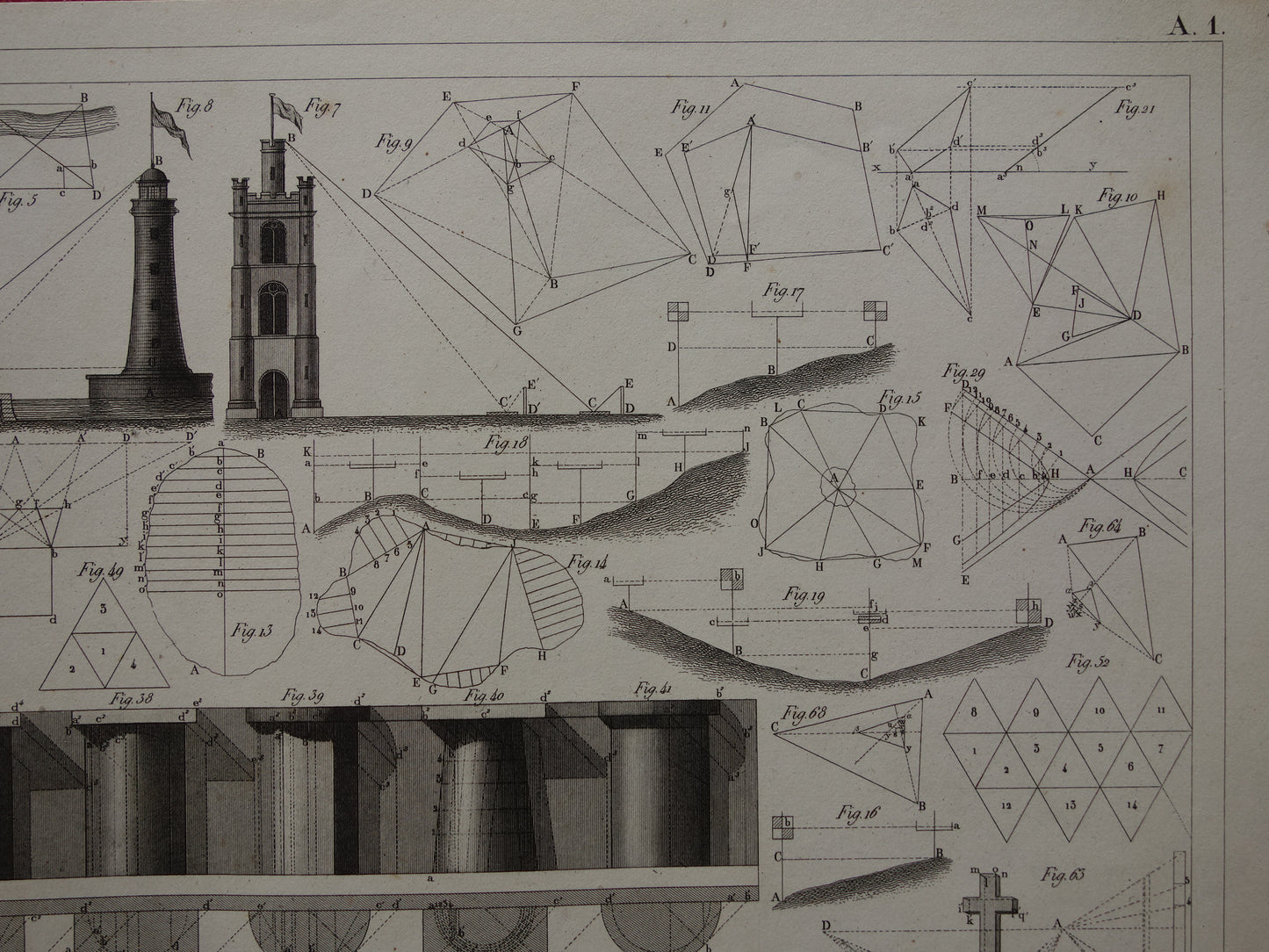 175+ jaar oude prent over driehoeksmeetkunde projectie en perspectief Originele wetenschap illustratie meetkunde vintage trigonometrie prints