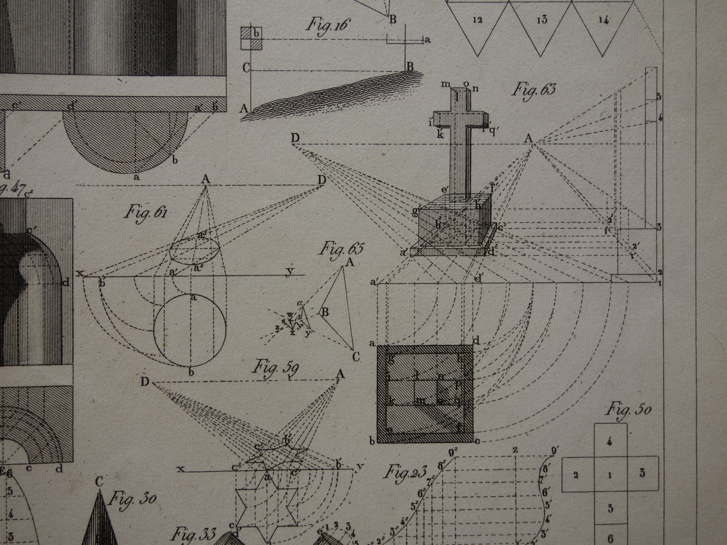 175+ jaar oude prent over driehoeksmeetkunde projectie en perspectief Originele wetenschap illustratie meetkunde vintage trigonometrie prints