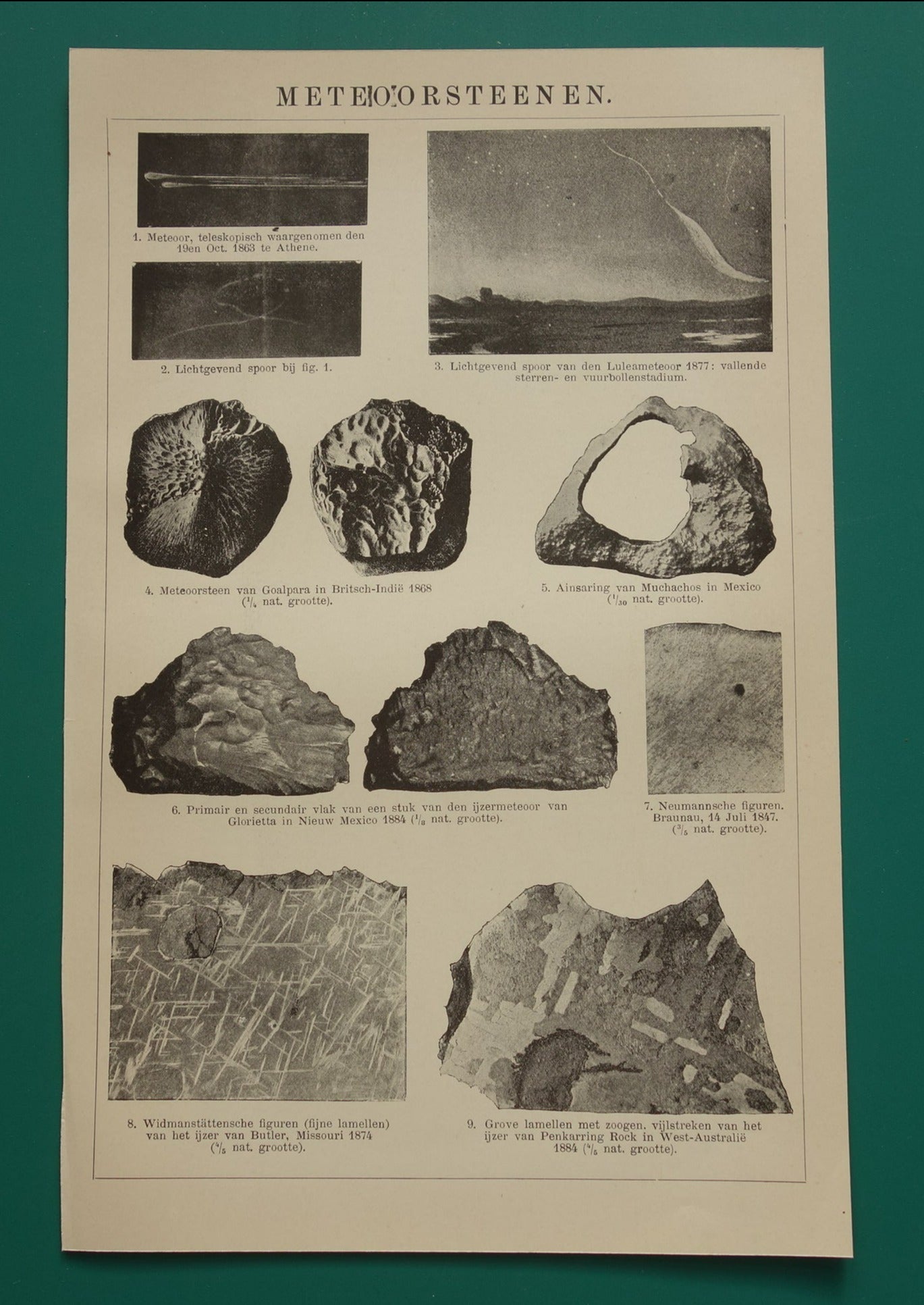 METEORIT Alte Illustration – Originaler, über 115 Jahre alter niederländischer Druck von Meteoriten – Vintage-Schwarz-Weiß-Druck