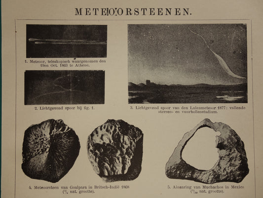 METEORIT Alte Illustration – Originaler, über 115 Jahre alter niederländischer Druck von Meteoriten – Vintage-Schwarz-Weiß-Druck
