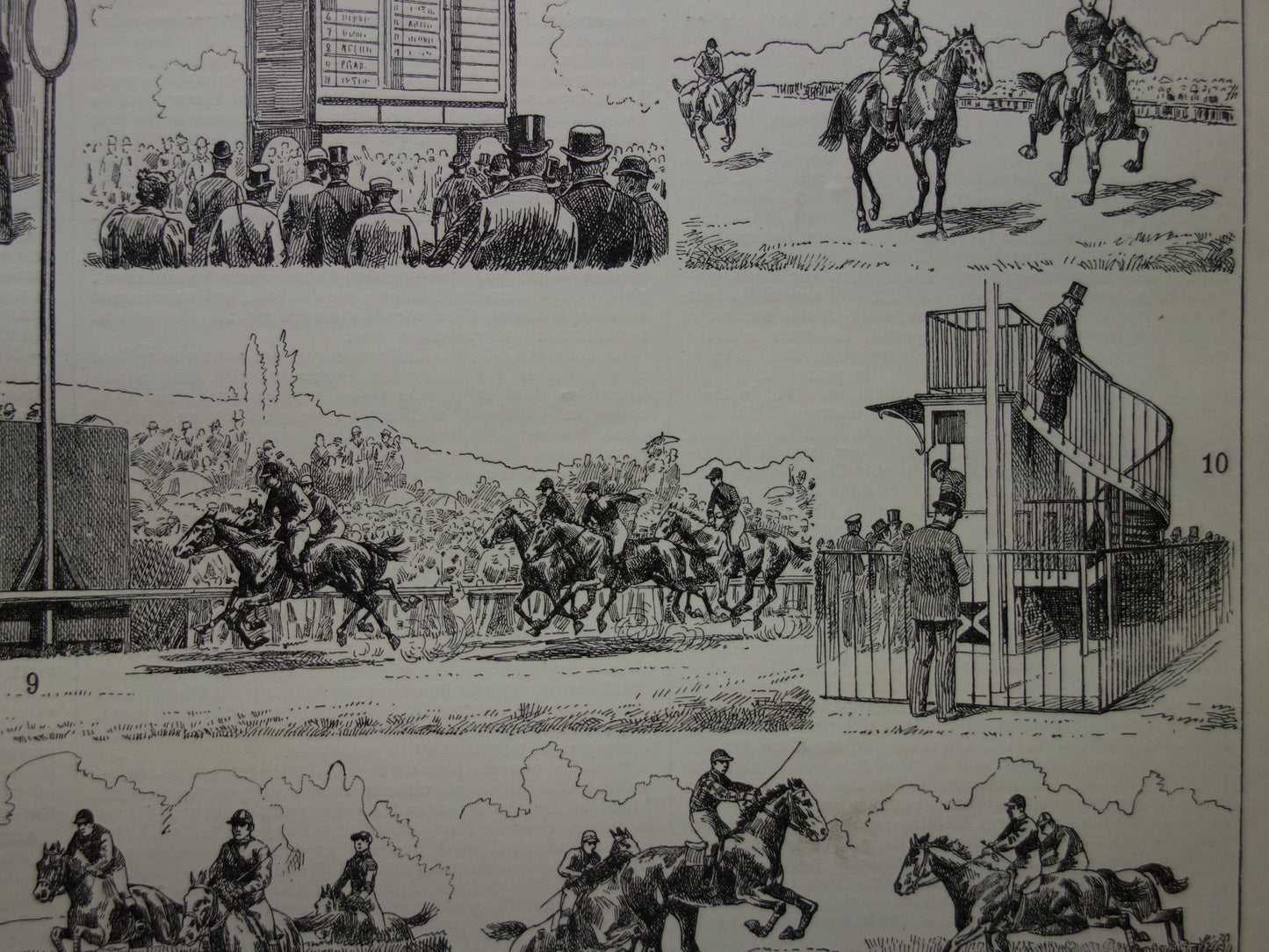 Rensport vintage illustratie - originele antieke prent paardenrace - paarden jockey paardenrennen oude print