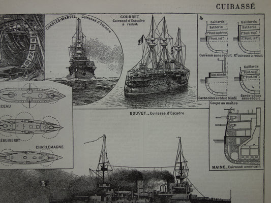 WARSHIPS old print set of two antique French prints about Cruisers Warship Battleship Ironclad illustration vintage prints