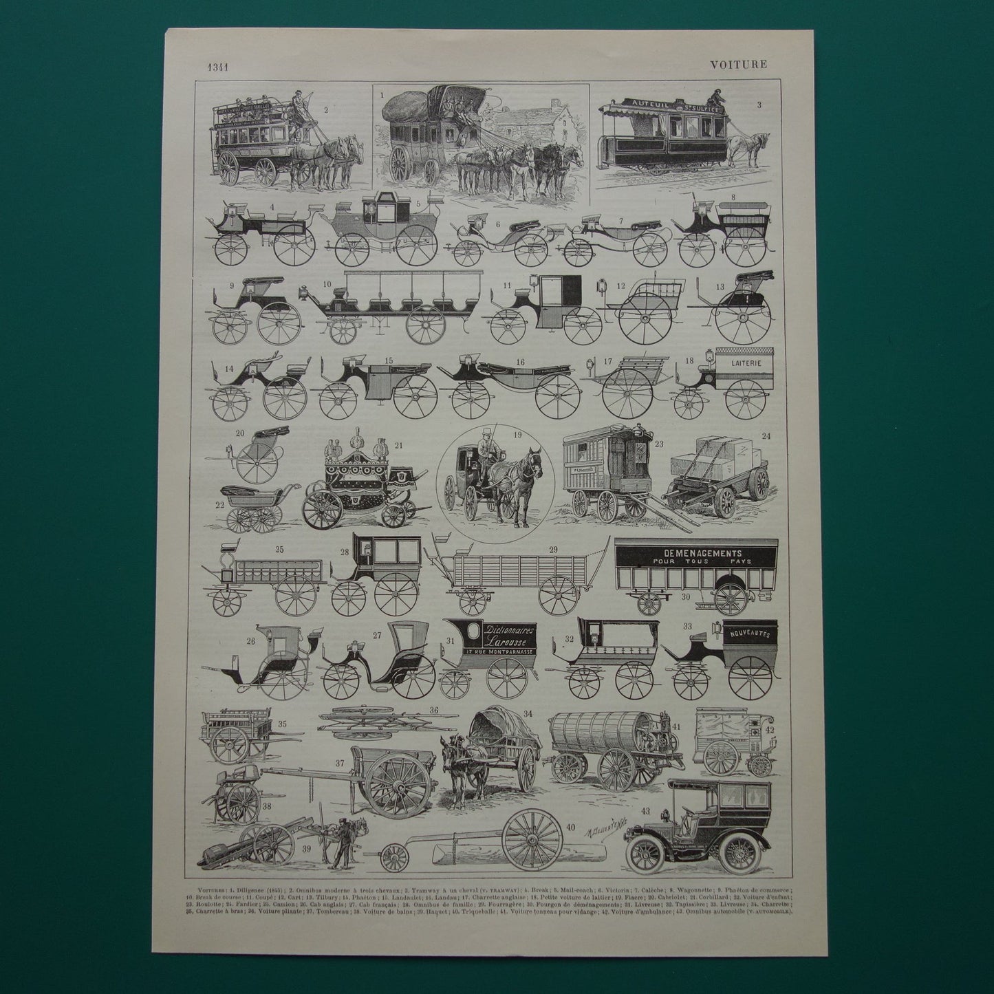 Antieke Franse prent van oude auto taxi koets diligence tram - vintage illustratie
