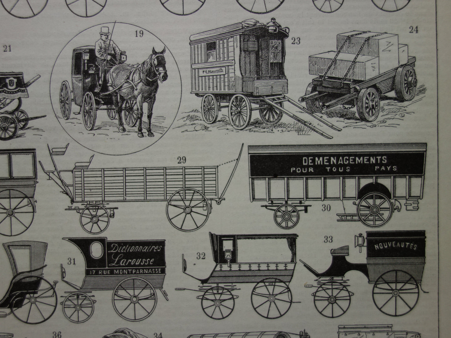Antieke Franse prent van oude auto taxi koets diligence tram - vintage illustratie