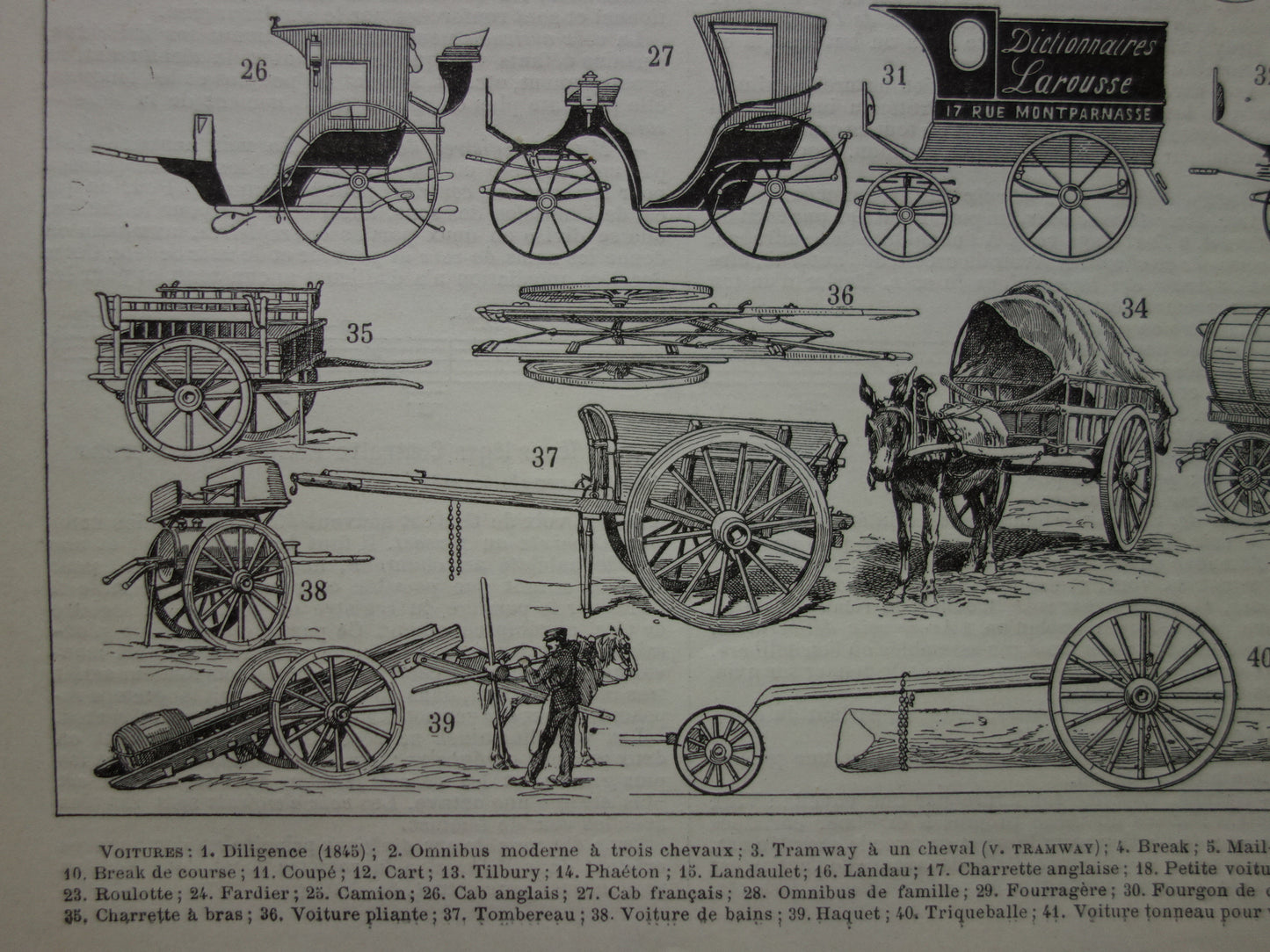 Antieke Franse prent van oude auto taxi koets diligence tram - vintage illustratie
