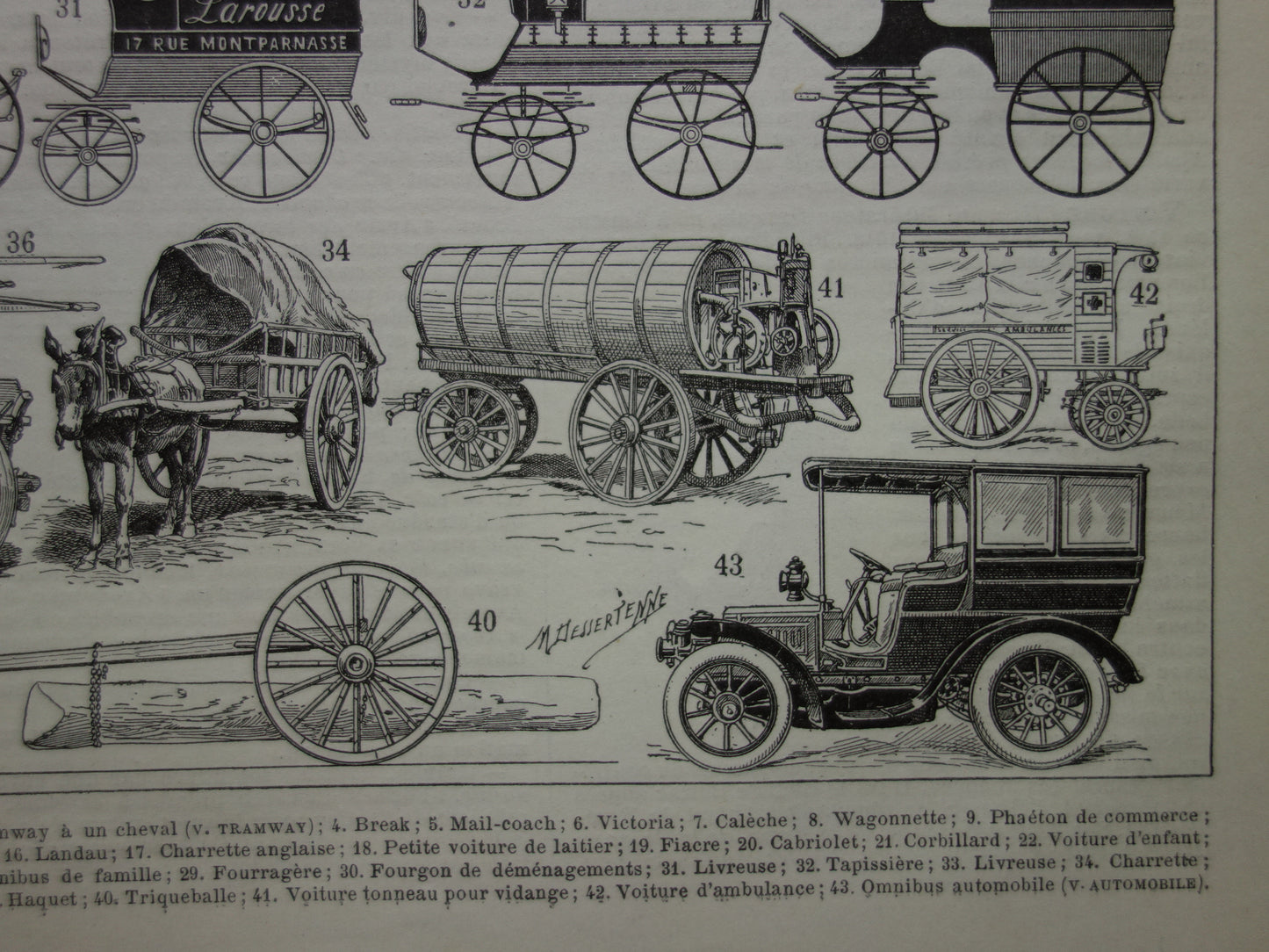 Antieke Franse prent van oude auto taxi koets diligence tram - vintage illustratie