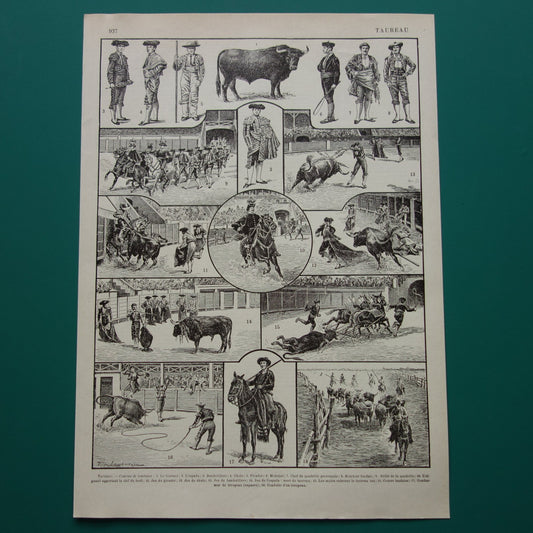 Stierenvechten antieke prent Oude illustratie toreador stierengevecht Vintage Franse print prenten