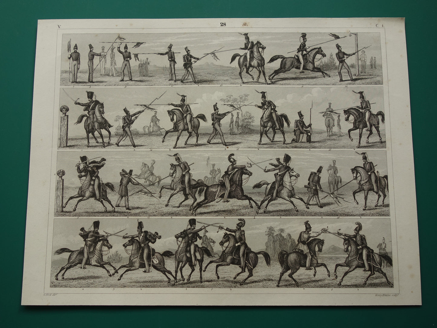 170+ year old print about infantry and cavalry - original antique military illustration - army combat technique poster print