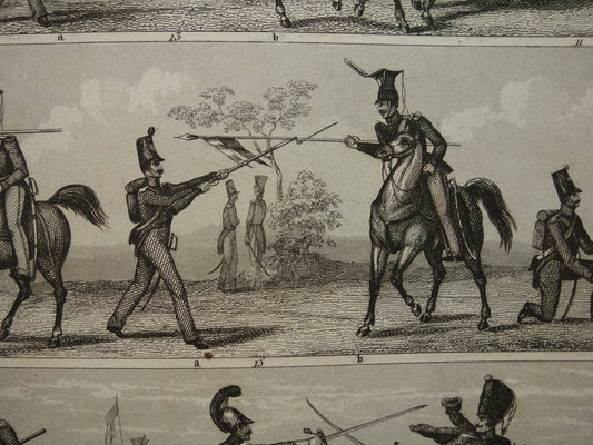 170+ year old print about infantry and cavalry - original antique military illustration - army combat technique poster print