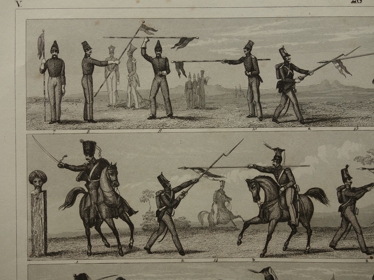 170+ year old print about infantry and cavalry - original antique military illustration - army combat technique poster print
