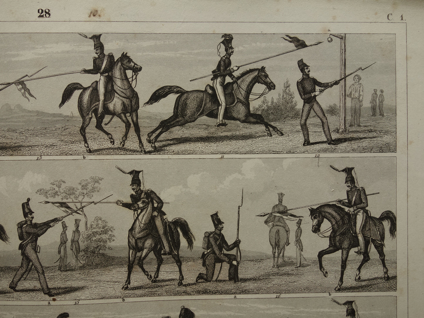 170+ year old print about infantry and cavalry - original antique military illustration - army combat technique poster print