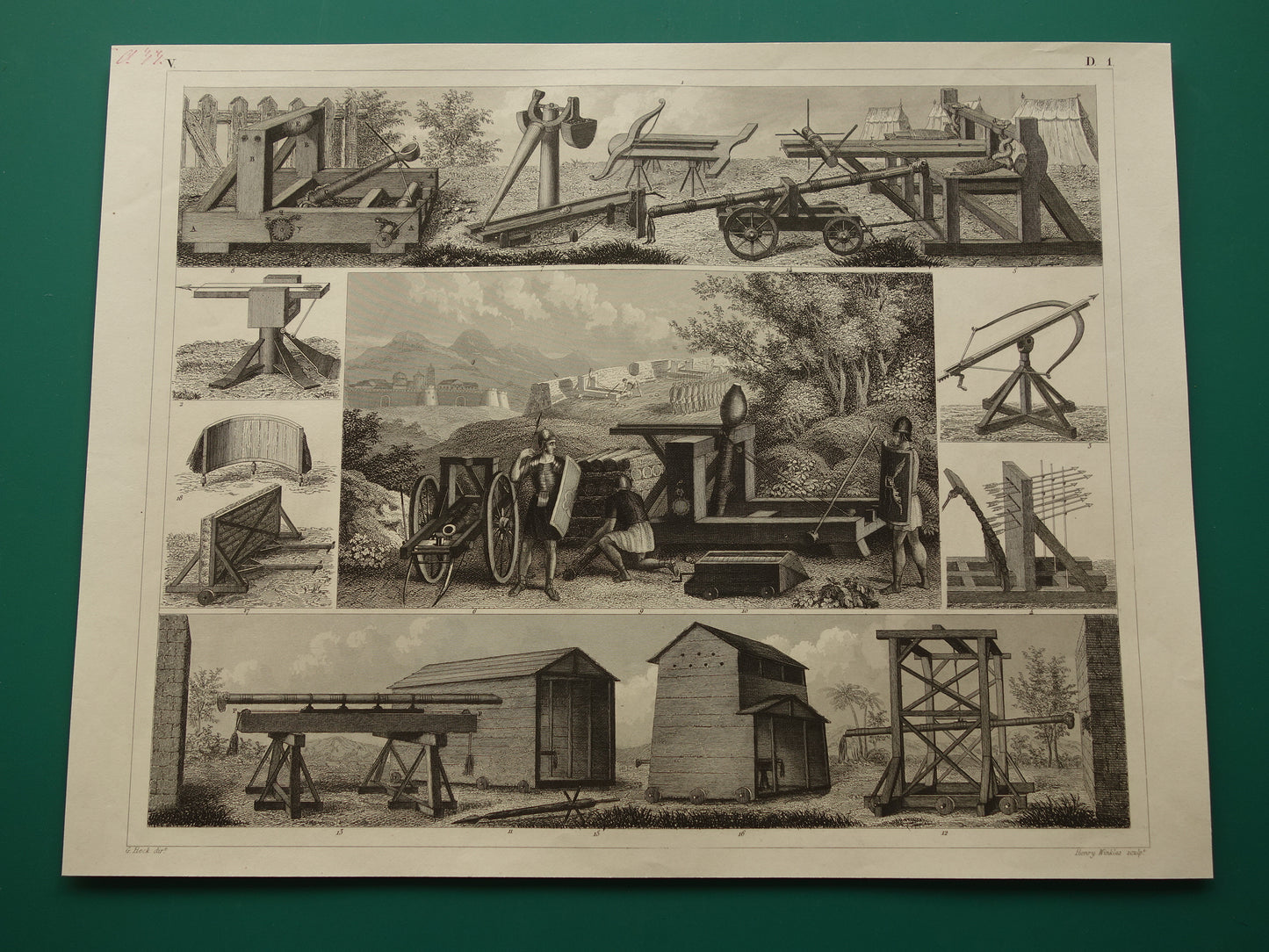Wapens uit de klassieke oudheid oude prent Katapult Stormram - originele antieke militaire illustratie - leger print