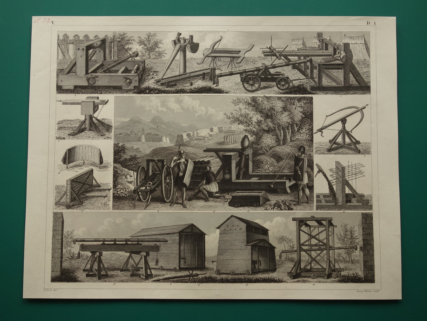 Wapens uit de klassieke oudheid oude prent Katapult Stormram - originele antieke militaire illustratie - leger print