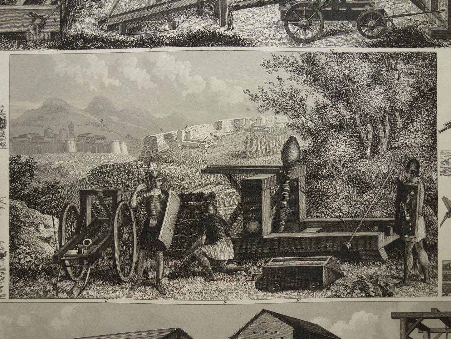 Wapens uit de klassieke oudheid oude prent Katapult Stormram - originele antieke militaire illustratie - leger print