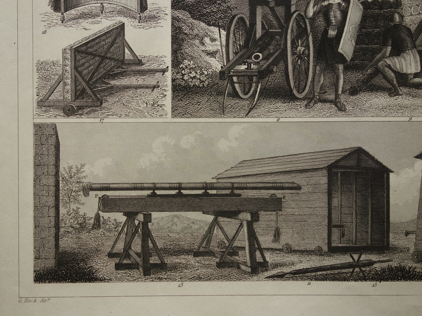 Wapens uit de klassieke oudheid oude prent Katapult Stormram - originele antieke militaire illustratie - leger print