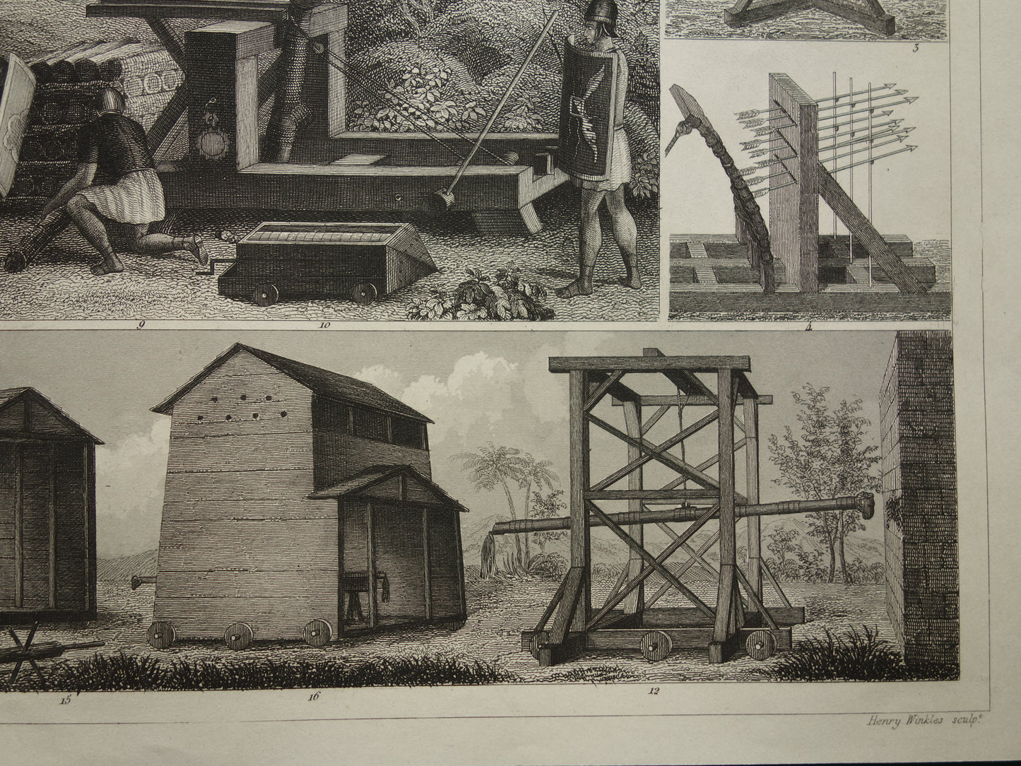 Wapens uit de klassieke oudheid oude prent Katapult Stormram - originele antieke militaire illustratie - leger print