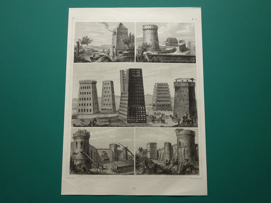 170+ year old print about siege towers - original antique military illustration Storm tower Walking tower - army print