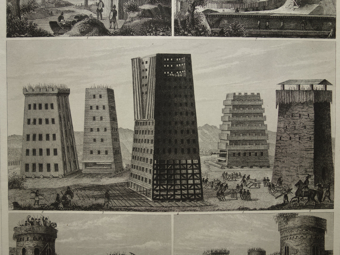 170+ year old print about siege towers - original antique military illustration Storm tower Walking tower - army print