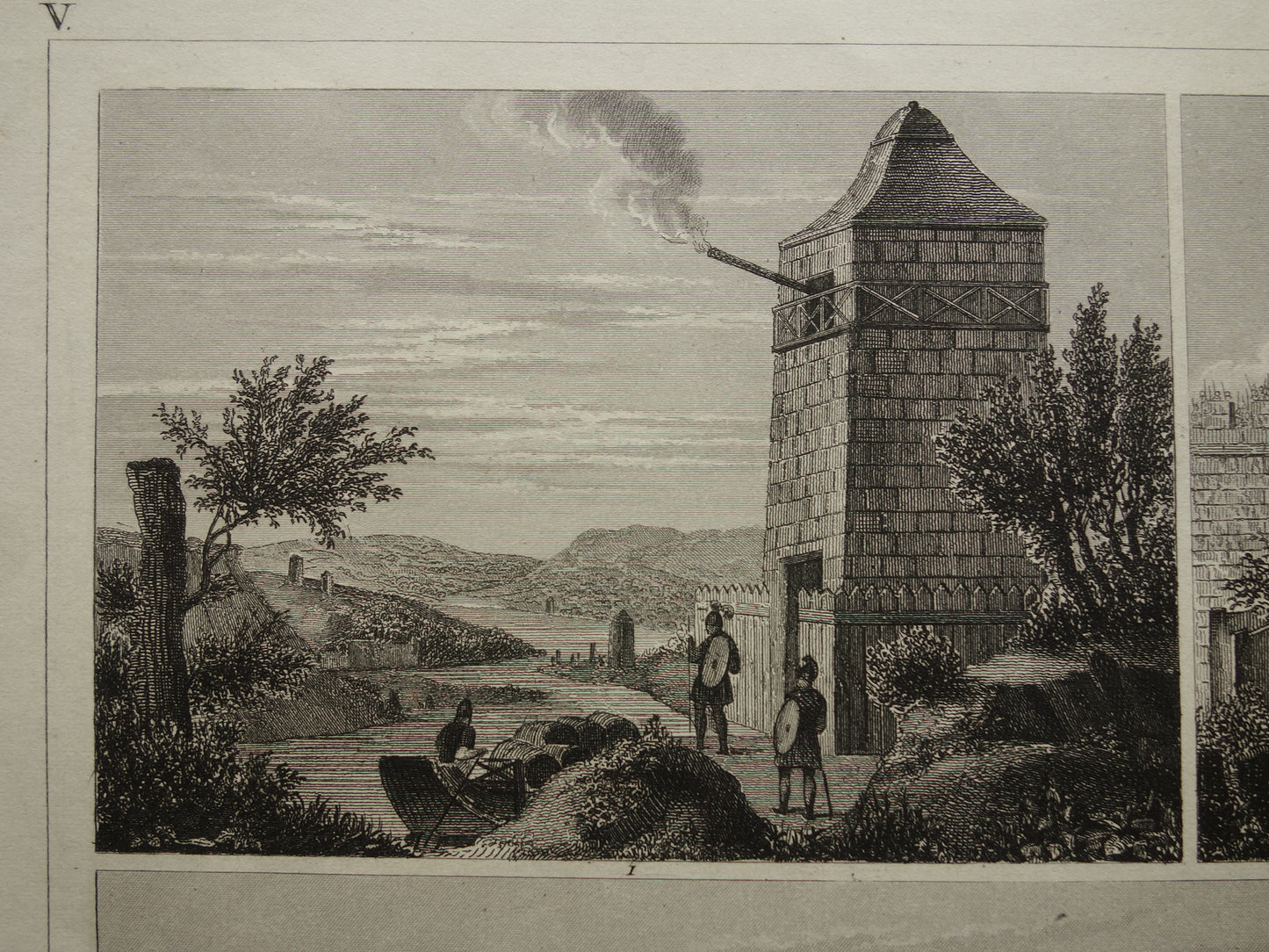 170+ year old print about siege towers - original antique military illustration Storm tower Walking tower - army print