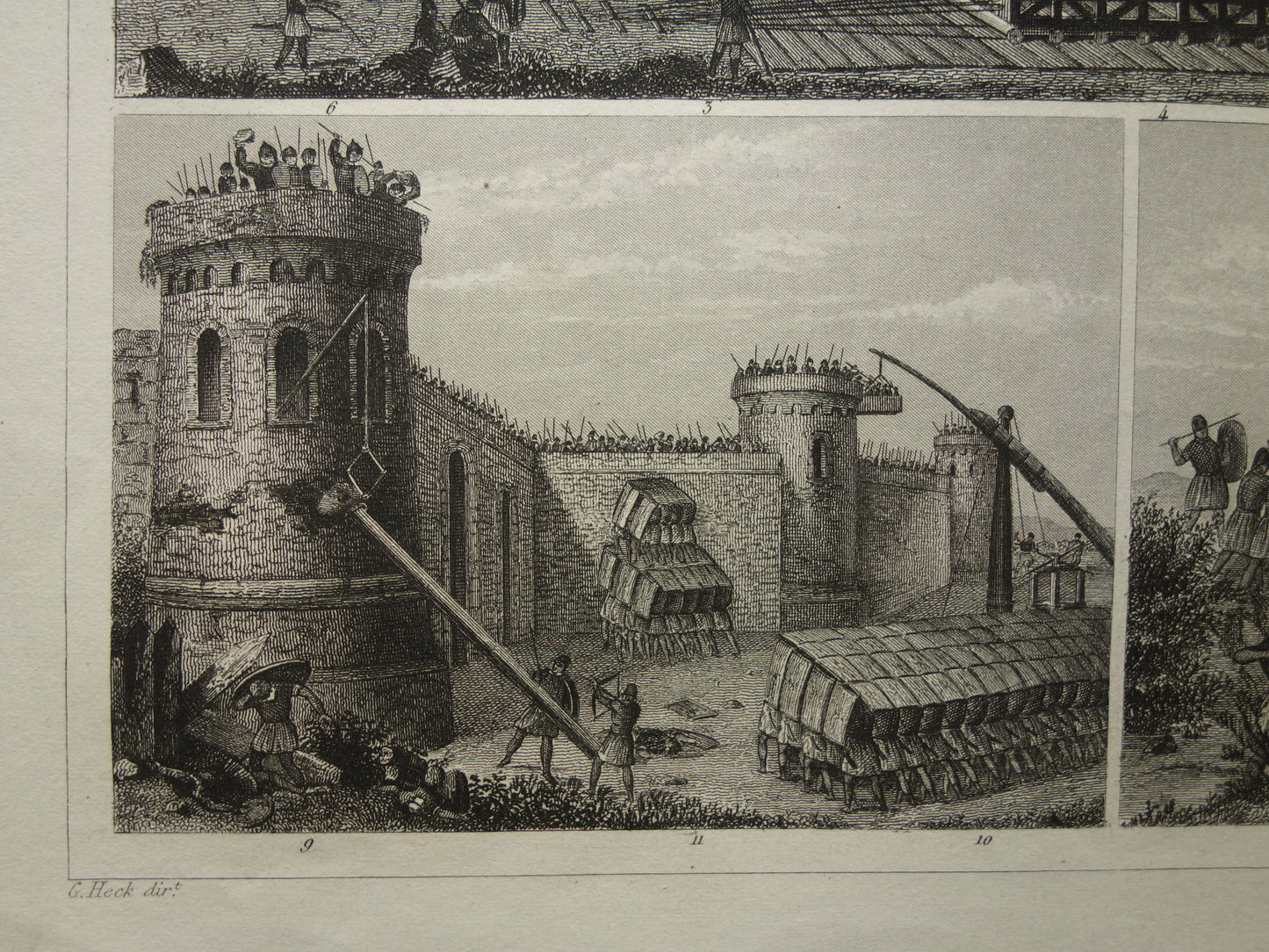 170+ year old print about siege towers - original antique military illustration Storm tower Walking tower - army print