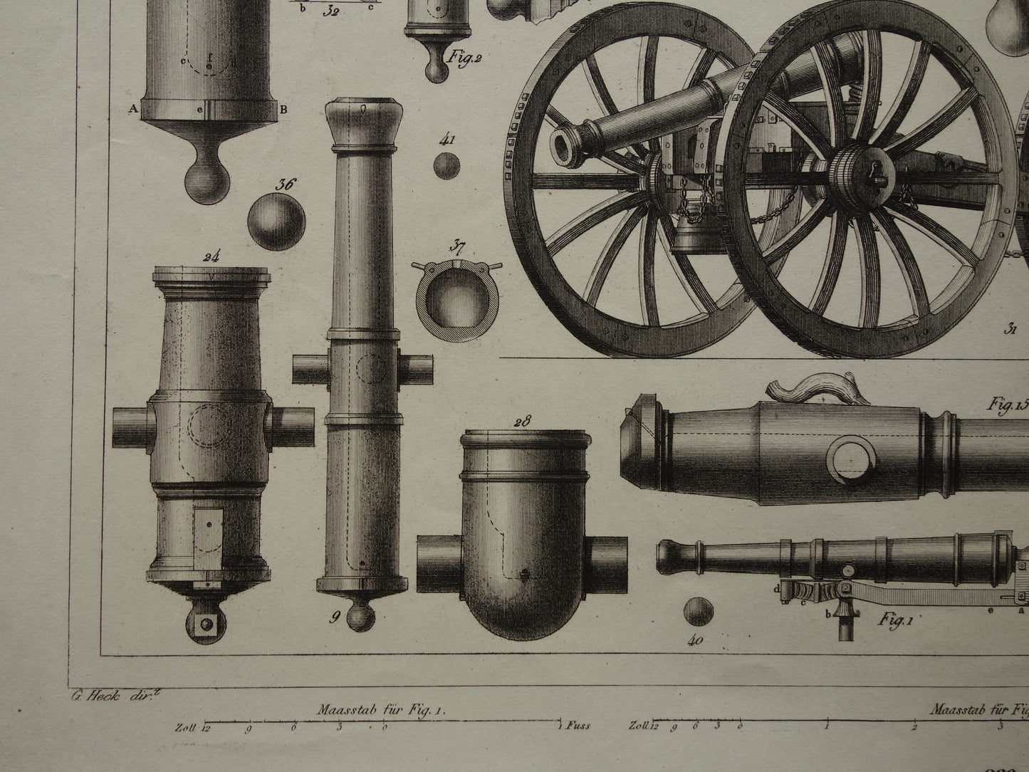 ARTILLERIE 170+ jaar oude prent over kanonnen howitsers - originele antieke militaire illustratie - leger print