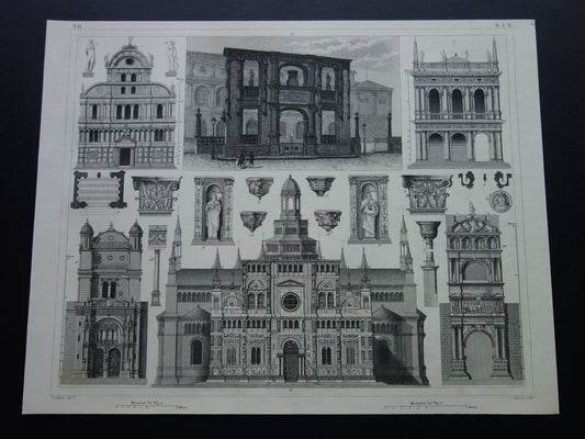 Oude architectuur print van Certosa di Pavia Kerk architectuur Originele antieke gravure uit 1849