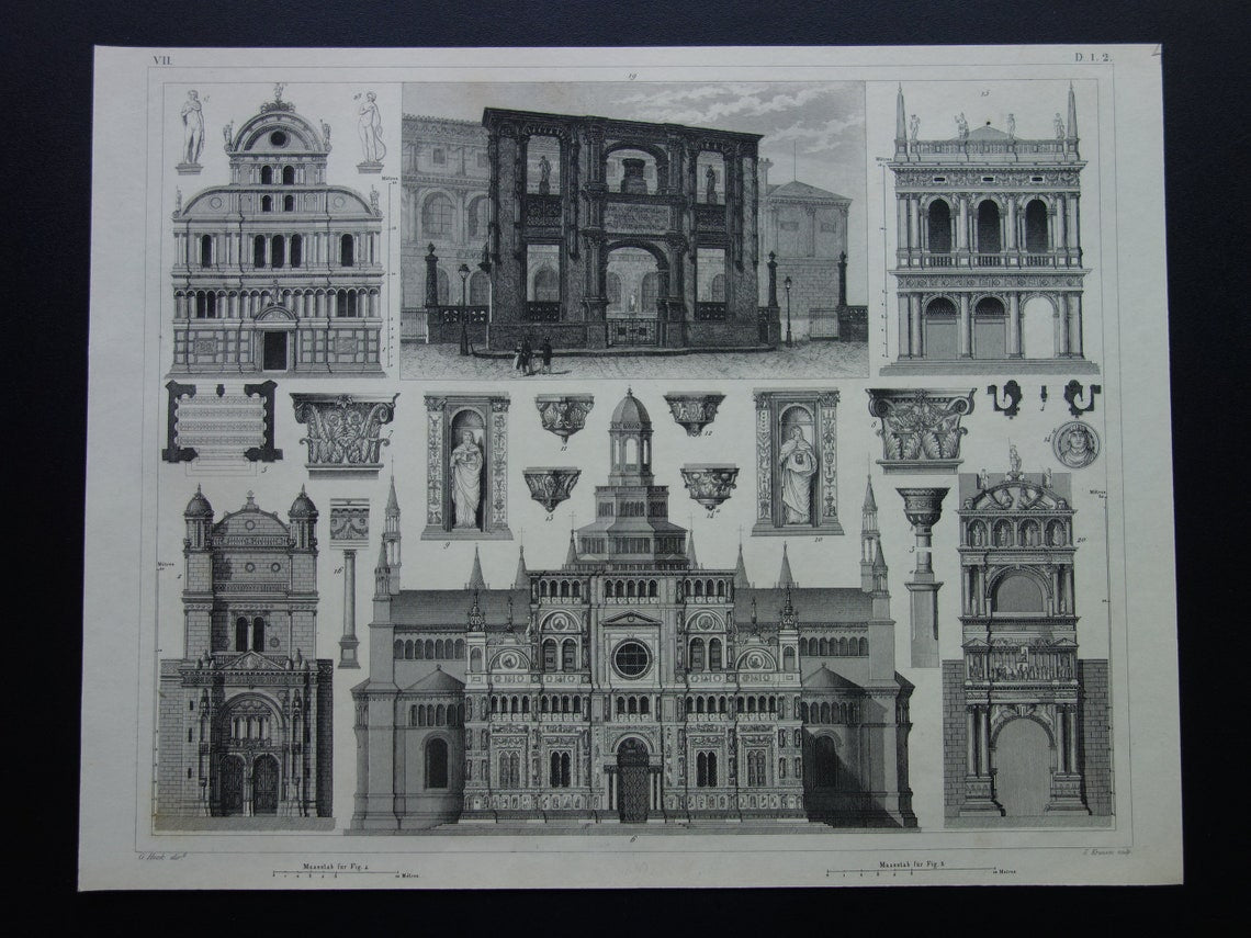 Oude architectuur print van Certosa di Pavia Kerk architectuur Originele antieke gravure uit 1849