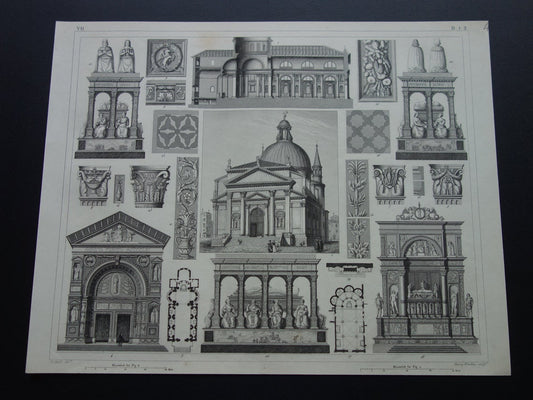 Il Redentore Venetië Oude architectuur prent 1849 originele antieke illustratie gravure