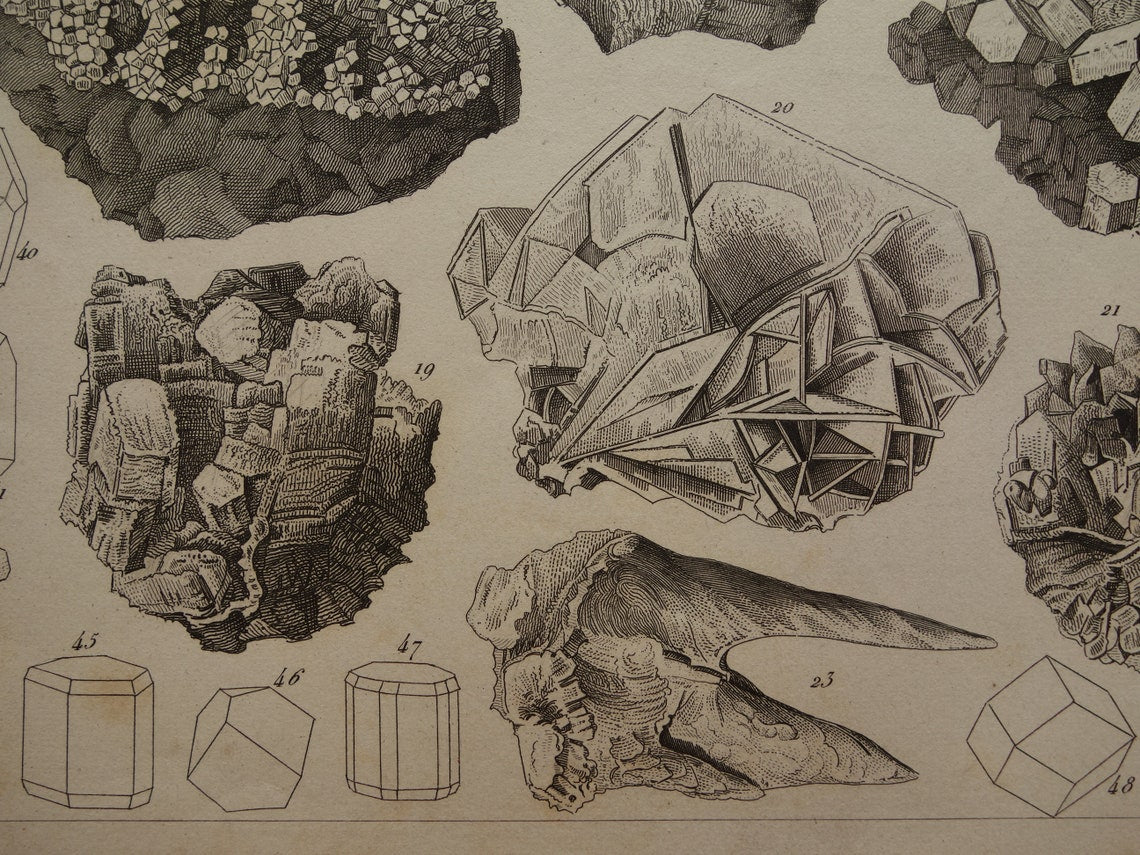 Mineralen en Kristallen antieke gravure 175+ jaar oude originele print kristal steen mineraal edelsteen vintage illustratie afbeelding mineralogie