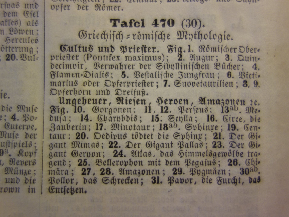 Griekse en Romeinse Goden uit de Oudheid 1849 oude illustratie Minotaur Amazone