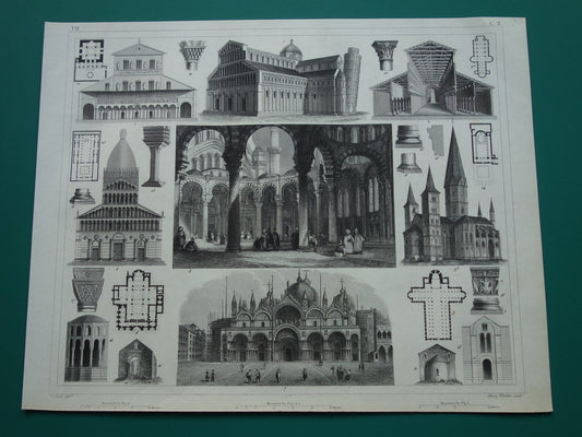 Oude architectuur print van de San Marco-basiliek in Venetië, de kathedraal van Pisa en de Nuruosmaniye-moskee Originele antieke gravure uit 1849
