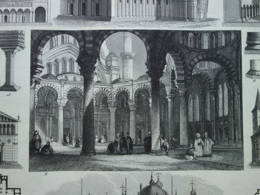 Oude architectuur print van de San Marco-basiliek in Venetië, de kathedraal van Pisa en de Nuruosmaniye-moskee Originele antieke gravure uit 1849