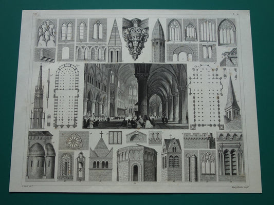 Notre-Dame Parijs Oude architectuur prent Originele antieke gravure bouwkunst 1849