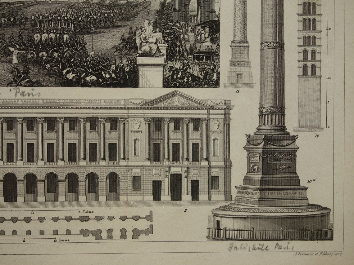 Parijs Architectuur oude prent 1849 antieke afbeeldingen van de Tuileries Palais du Luxembourg geschiedenis prenten 9x11" vintage illustratie Colonne Vendôme