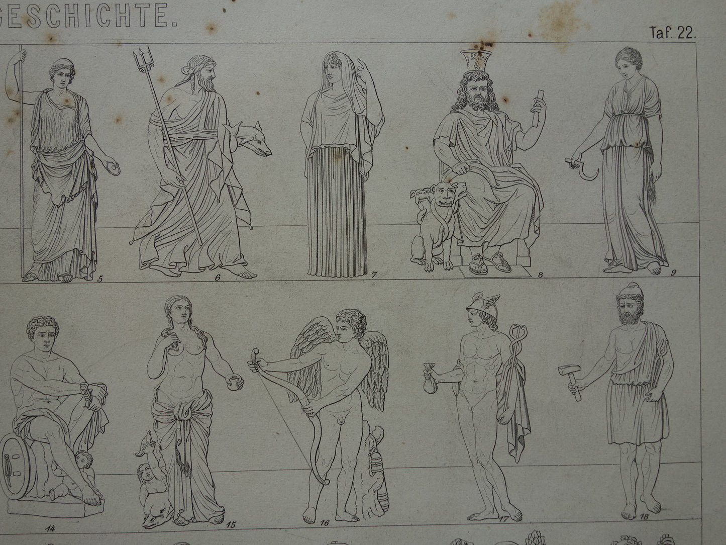 Romeinse en Griekse Goden Oude Prent uit 1870 Originele antieke illustratie Goden uit de Klassieke Oudheid Vintage print