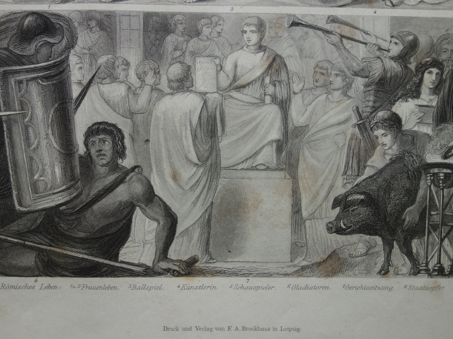 Roman Empire Ancient history print from 1870 about daily life Roman times antique illustration