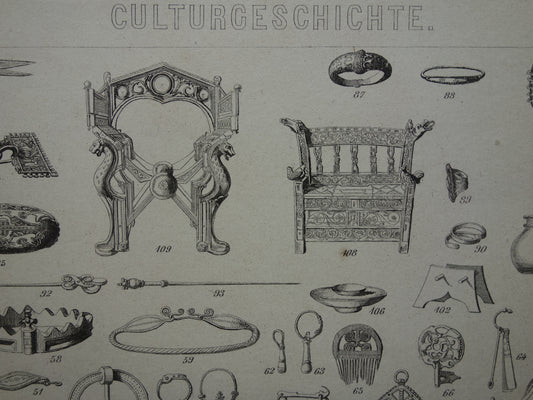 Oude prent archeologie antieke geschiedenis illustratie vintage historische prints late bronstijd ijzertijd