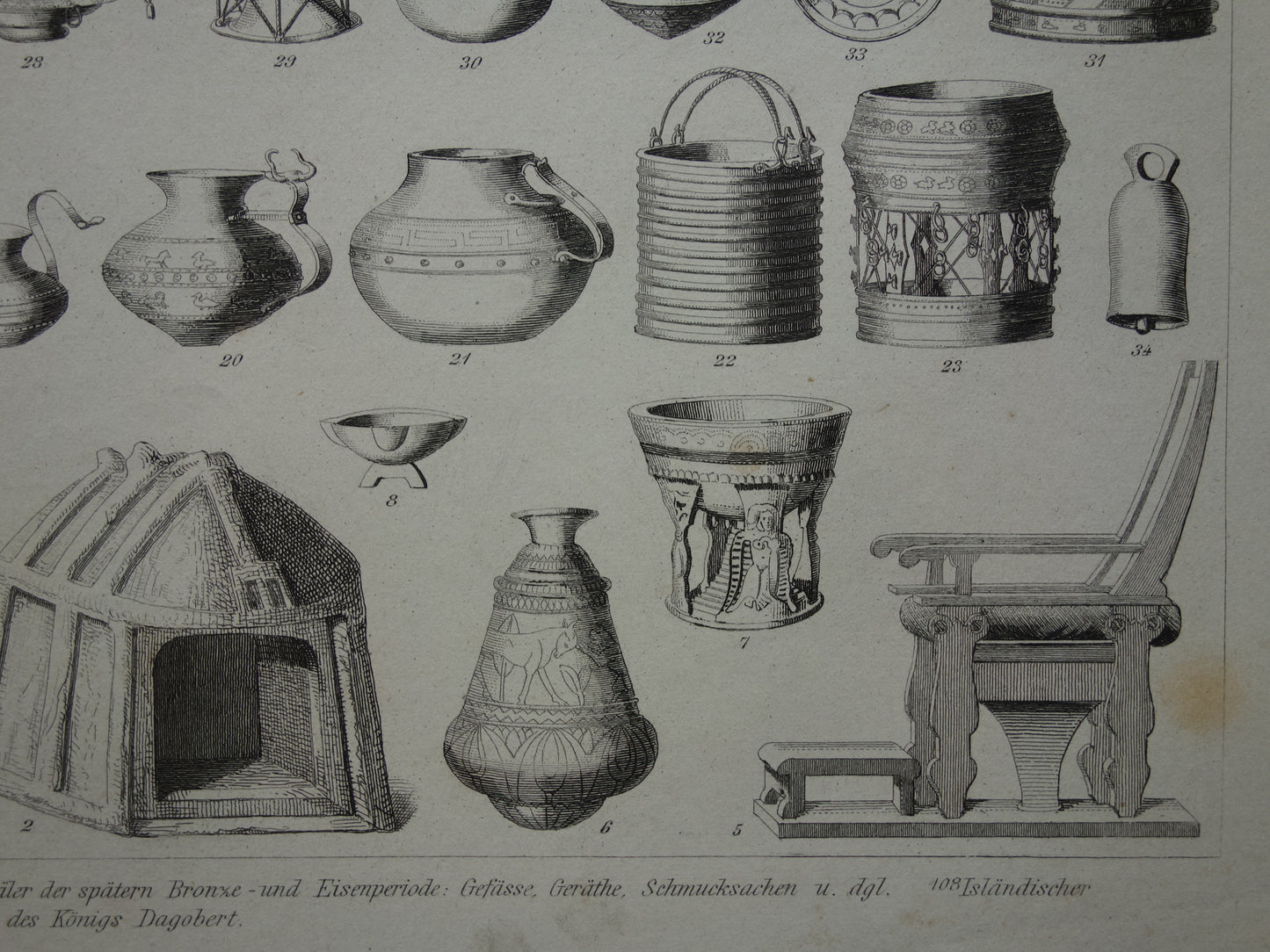 Oude prent archeologie antieke geschiedenis illustratie vintage historische prints late bronstijd ijzertijd