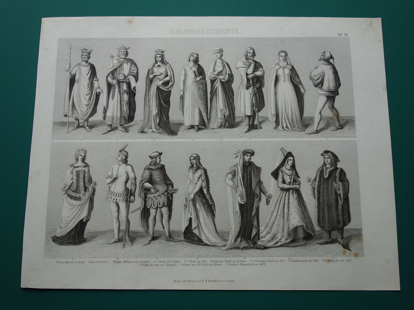 150+ jaar oude prent geschiedenis met portret Philips de Goede Hendrik II Frederick Barbarossa antieke illustratie kleding in late middeleeuwen prints