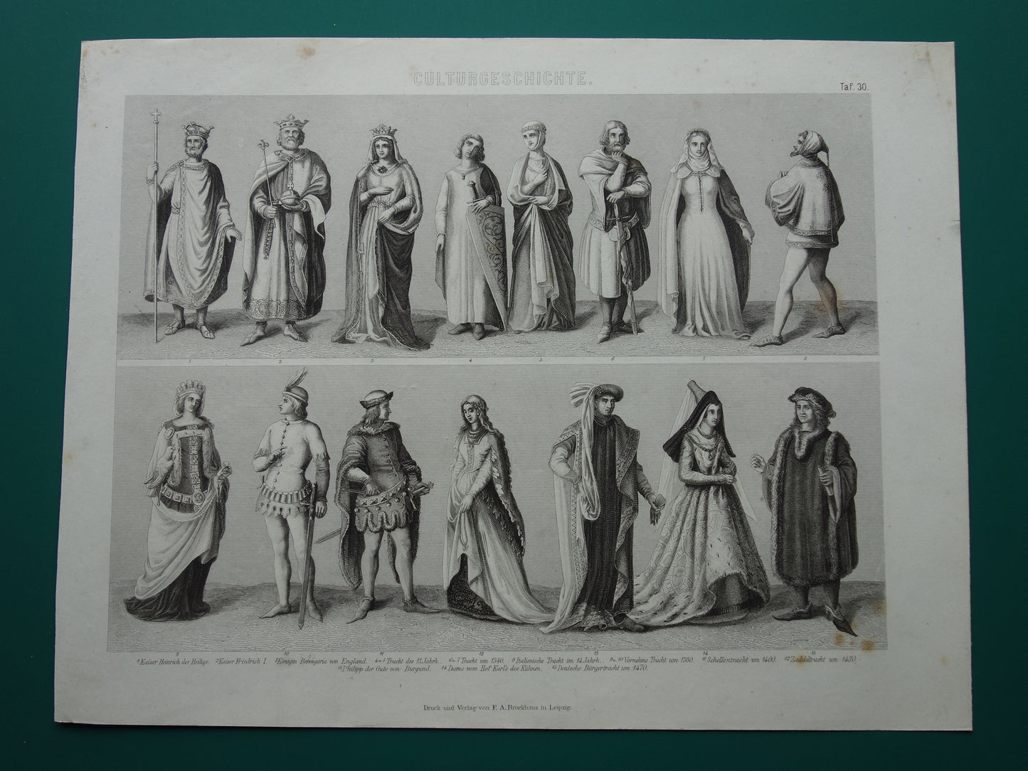 150+ jaar oude prent geschiedenis met portret Philips de Goede Hendrik II Frederick Barbarossa antieke illustratie kleding in late middeleeuwen prints